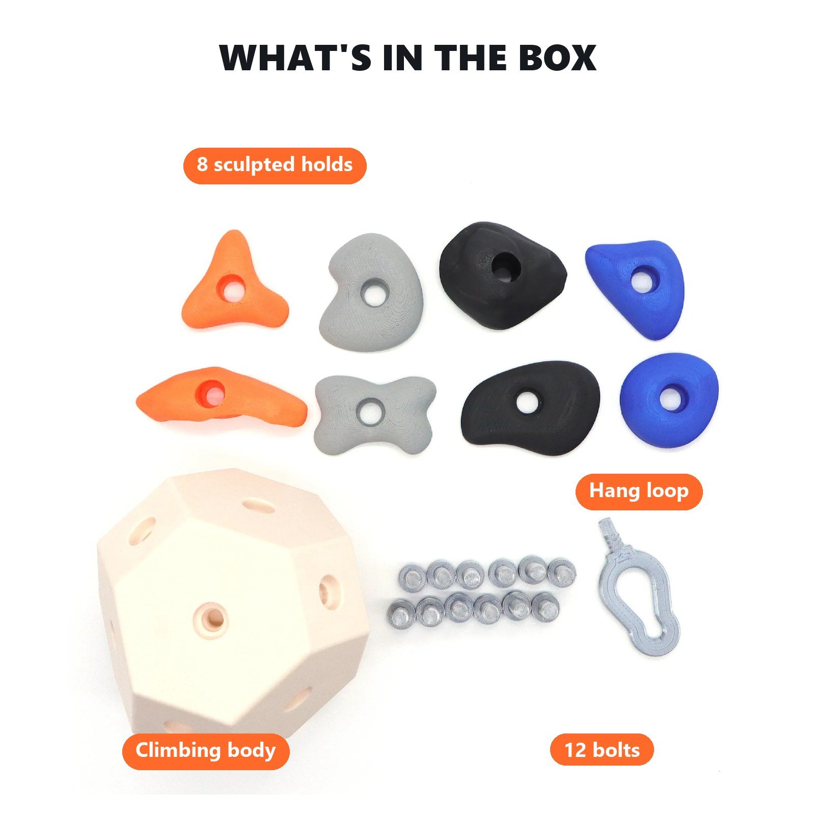PocketCrag climbing block, 8 holds, 12 bolts and hang loop laid out